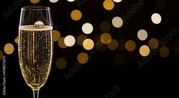 Obraz A single, elegant champagne flute filled with golden, bubbling champagne against a dark background with beautiful, soft bokeh lights. Celebration and luxury concept.