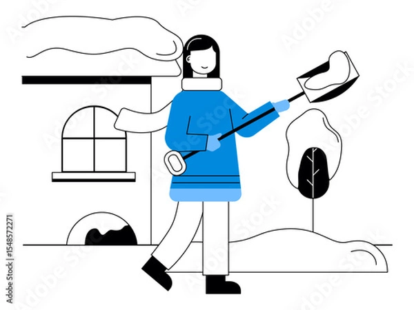 Fototapeta Woman is lifting and moving snow with a shove in the yard. Snowy day illustration. Winter fun activity. Flat vector illustration.