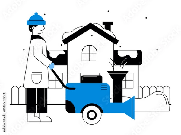 Fototapeta Man on the street cleaning snow using machine. Snowy day illustration. Winter fun activity. Flat vector illustration.