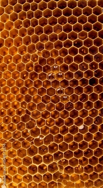 Obraz A detailed macro photograph of a natural honeycomb, filled with glistening golden honey. The hexagonal cells create a perfect, organic geometric pattern. Warm, natural lighting.