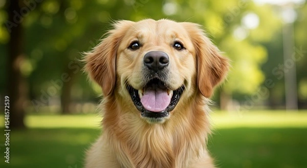 Obraz A beautiful, ultra-realistic portrait of a happy Golden Retriever dog, head tilted, with a soft-focus green park background during a sunny day. Joyful, friendly expression.