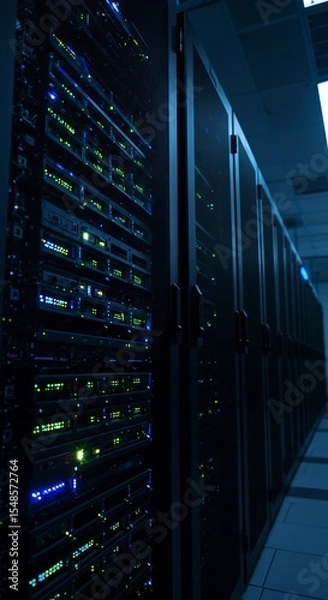 Obraz A low-angle view down a long aisle of server racks in a modern data center. The focus is on the blinking blue and green LED lights of a single server. Cool, dark, tech vibe.