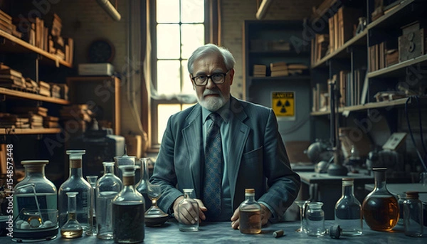 Obraz Old Scientist In An Abandoned Laboraatory AI Generative