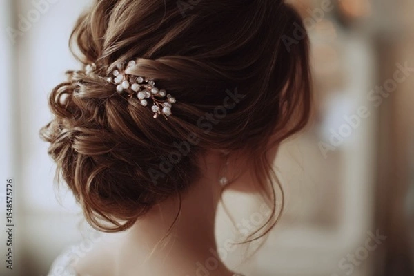 Obraz A close-up of an elegant bridal updo with a delicate hair accessory