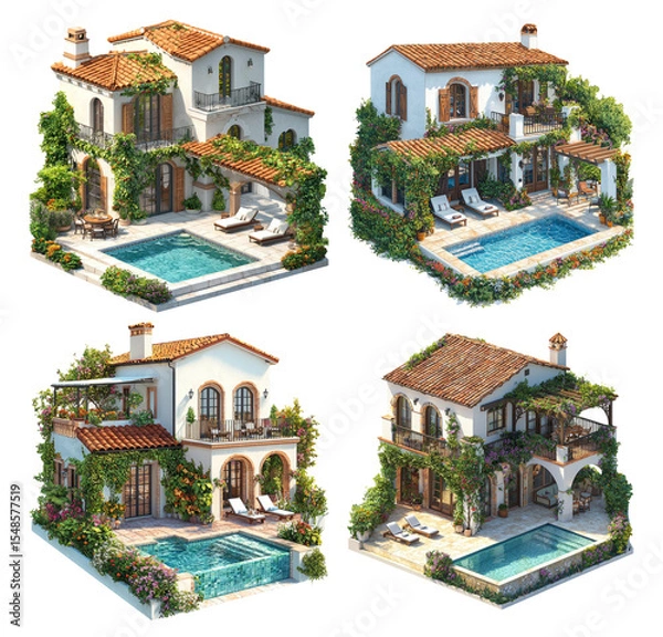 Fototapeta Charming Mediterranean Villa with Pool Surrounded by Lush Greenery and Flowers