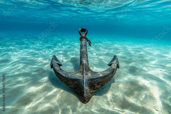 Fototapeta A covered anchor rests on the sandy seabed beneath crystal-clear water, surrounded by light blue and white, illuminated by sunlight filtering through the surface.