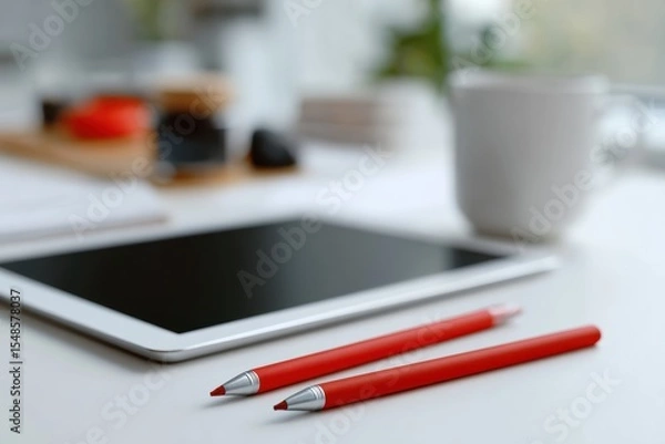 Fototapeta Creative workspace with digital tablet and drawing pens