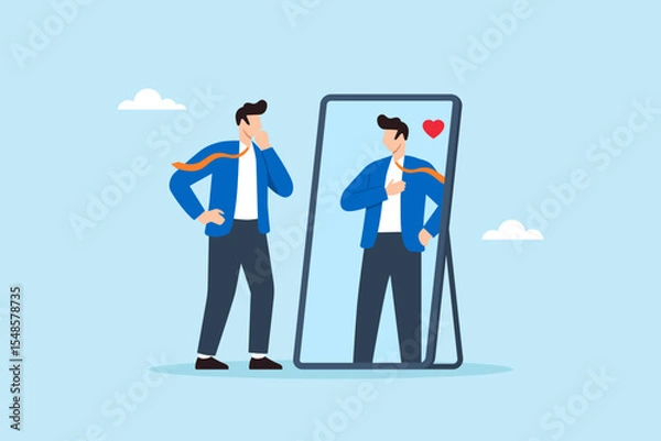 Fototapeta Flat illustration of confident businessman looking at mirror with admiration symbolizing self-love self-esteem and positive thinking