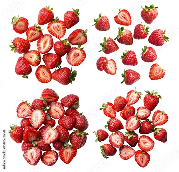Fototapeta Fresh and Juicy Strawberries in Various Arrangements on White Background