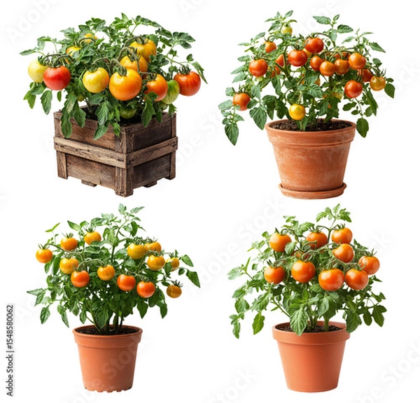 Fototapeta Various Tomato Plants in Unique Pots and Wooden Crate Displayed on White Background