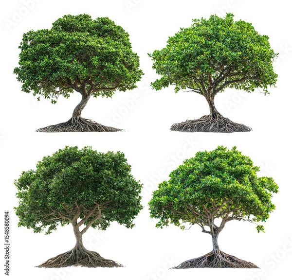 Fototapeta Four Unique Trees with Distinct Roots and Lush Green Foliage in Isolation