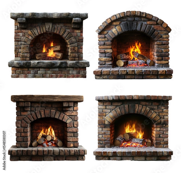 Fototapeta Various Cozy Fireplace Designs with Flames and Stone Backgrounds