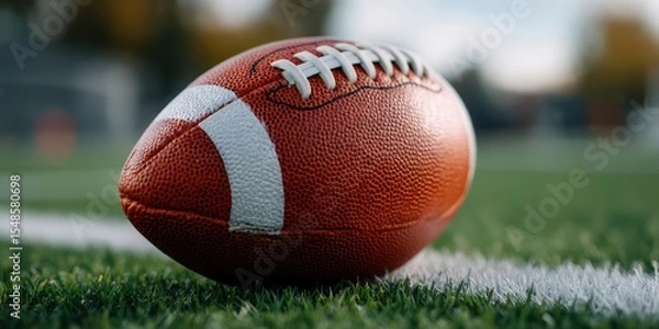Obraz Captivating Closeup Classic American Football, White Laces In Sharp Focus On Vibrant Green Grass Crisp White Yard Line And Blurred Stadium Background Define This Iconic Field Scene