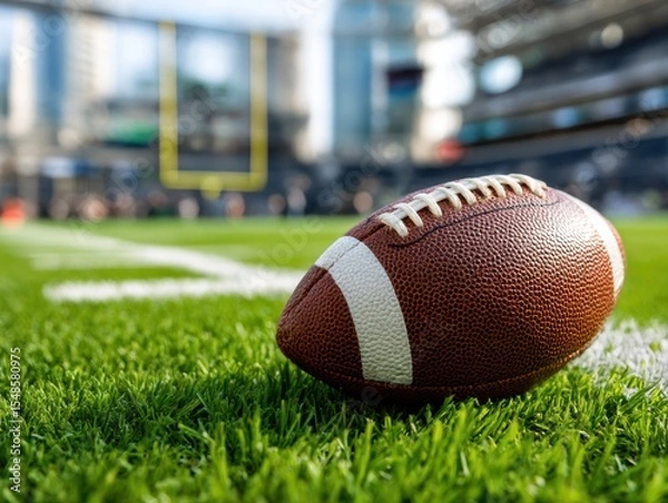 Obraz Classic Football Closeup White Laces On Bright Green Turf With Crisp White Yard Line Natural Lighting And Shallow Depth Reveal Grand Stadium And Distant City, Evoking Quiet Postgame Scene