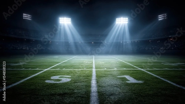 Obraz Dramatic Night View Of An Empty Stadium, Showcasing Iconic 50Yard Line From Unique Field level Perspective Large Green Field, With Its Detailed Yard Lines, Stretches Under Powerful Lights