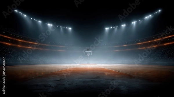 Obraz Dramatic Spotlights Illuminate Grand, Empty Stadium Polished, Reflective Midcourt, With White Markings, Leads To Prominent White Backboard And Red Rim Hoop, Awaiting Action