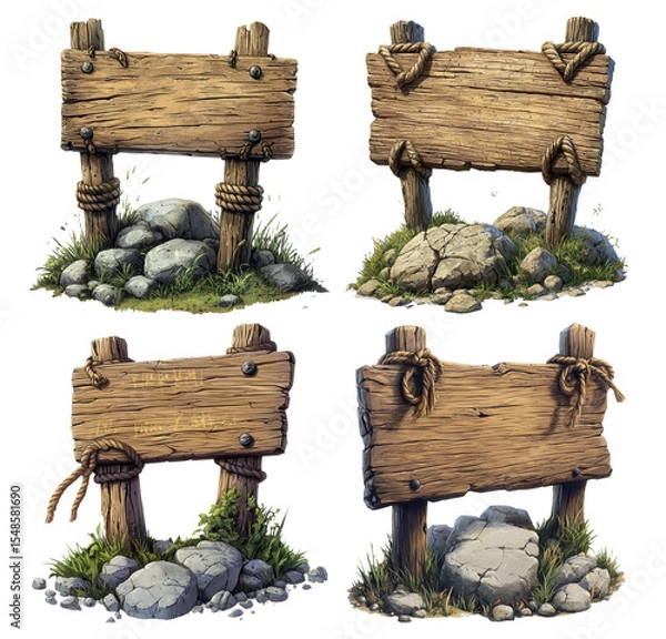 Fototapeta Rustic Wooden Signboards with Stones and Grass in Four Unique Designs