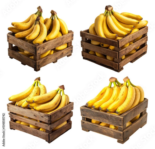 Fototapeta Fresh Yellow Bananas in Rustic Wooden Crates Set for Background Use