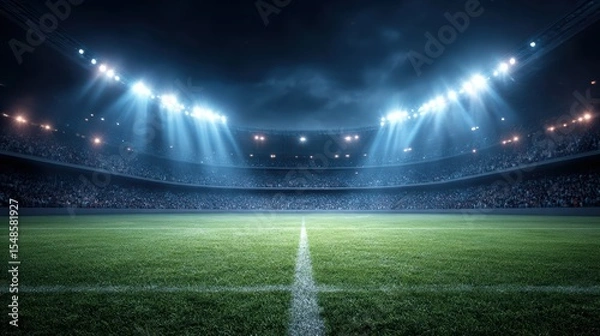 Obraz Experience Dramatic Night Sky Above Vast Stadium, Its Full Seating Bowl Anticipating An Electrifying Event On Vibrant Green Pitch, Brilliantly Lit By Powerful Beams