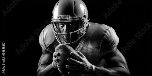 Obraz Striking Closeup Of An American Football Player In Dramatic, High contrast Black White Portrait Intense Focus Enhanced By Strong Low-key Lighting On His Helmet, Showcasing Powerful Athletic Prowess
