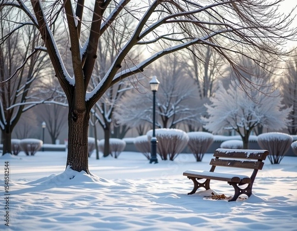 Obraz A serene winter park scene with snow-covered ground, a bare tree, a wooden bench with snow, and a lamp post in soft morning light.