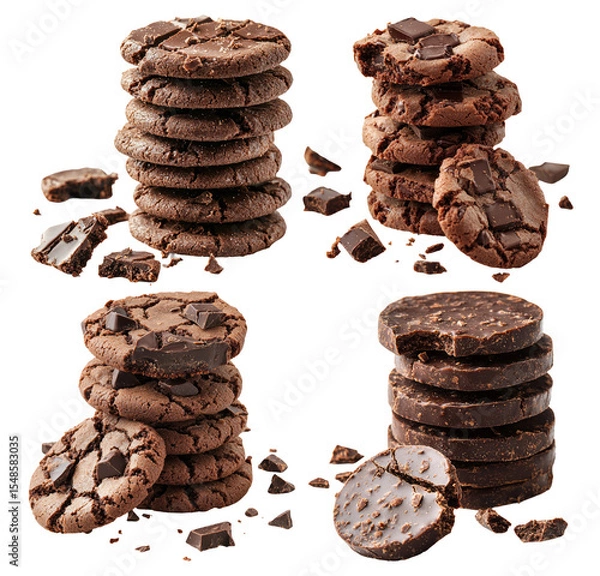 Fototapeta Delicious Chocolate Cookies Stacked with Chunks and Crumbles on a Dark Background
