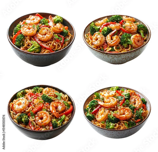 Fototapeta Delicious Shrimp Noodles with Broccoli and Red Peppers in Four Bowls