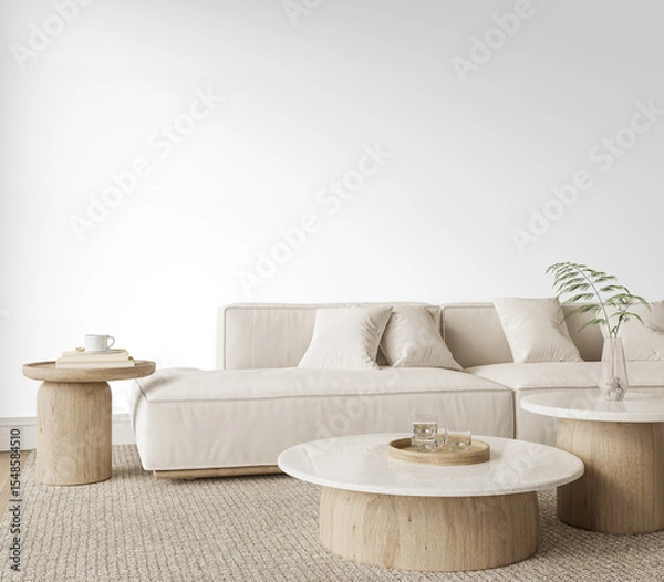 Fototapeta Transparent Wall Living Room Mockup with Beige Sofa, Book Table and Neutral Decor in Scandinavian Style– Transparent Wall Mockup with Realistic Shadows – 3D render