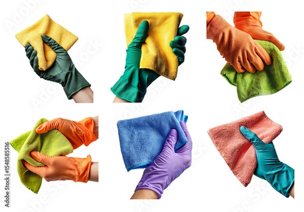 Fototapeta Hands with Colorful Cleaning Cloths and Gloves for Home Cleaning Tasks