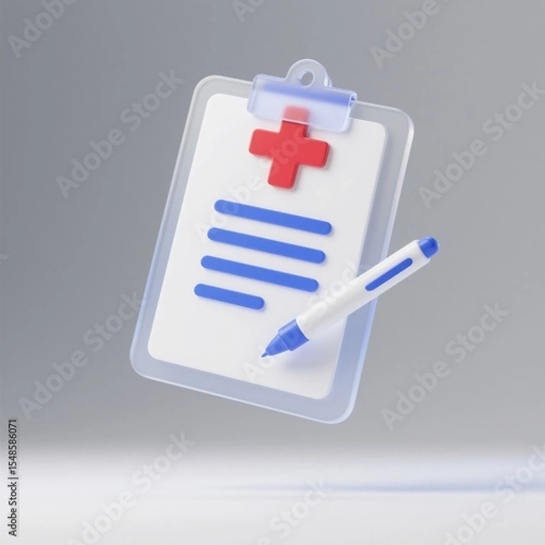 Fototapeta 3D icon of a medical health record, with a white and blue color palette, floating on a grey background.