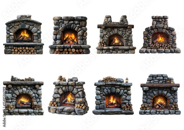 Fototapeta Collection of Rustic Stone Fireplaces with Cozy Flames and Logs