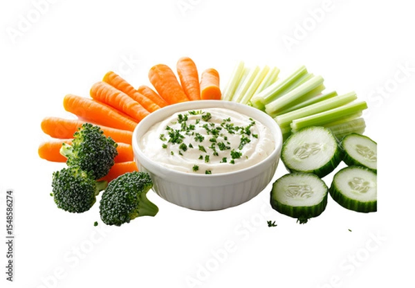 Fototapeta Fresh Veggies with Creamy Dip on a White Background for Healthy Snacking