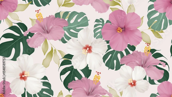 Obraz Floral seamless pattern features pink and white hibiscus flowers intermingled with various shades of green Monstera leaves on a light pink background
