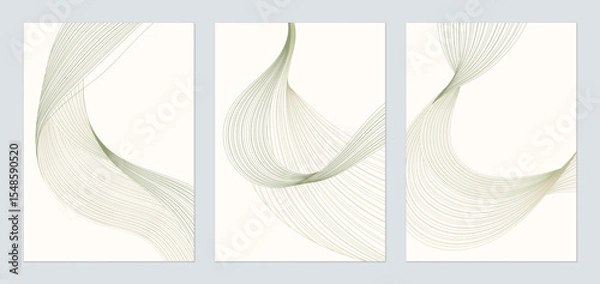 Obraz Abstract line wall art set, minimalist flowing lines in shades of green and brown on a light brown background. The lines have a distinct arrangement, creating different patterns of curves and waves