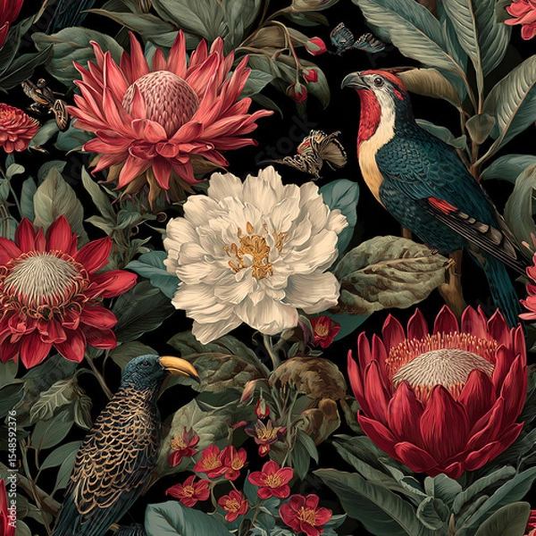Obraz A black and white floral print with birds and butterflies