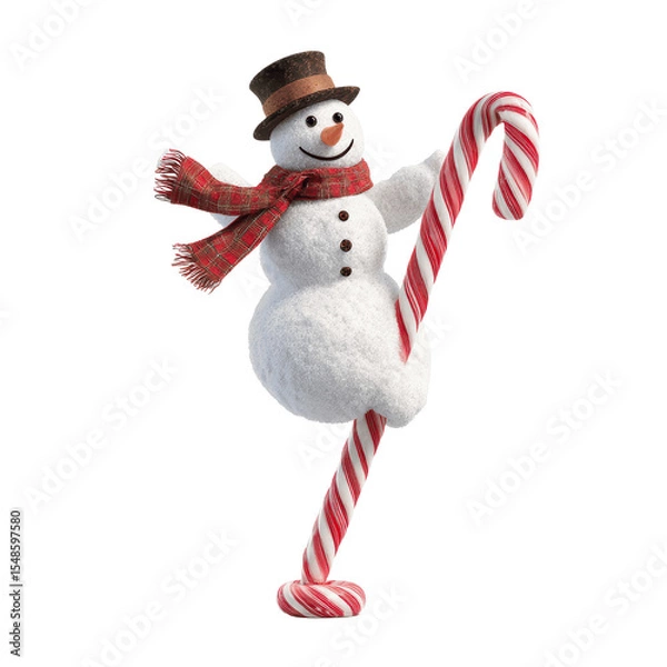 Obraz Jolly Snowman Balancing on a Candy Cane - Festive 3D Render