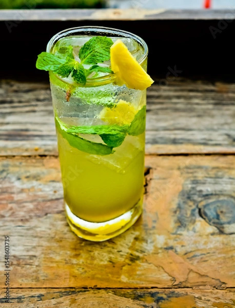Fototapeta view of a glass of lime ice with mint leaves and lemon topping