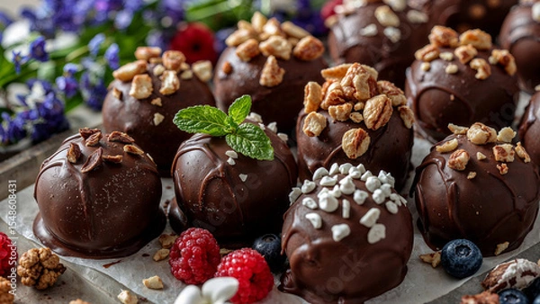 Fototapeta Decadent chocolate truffles with nuts and mint