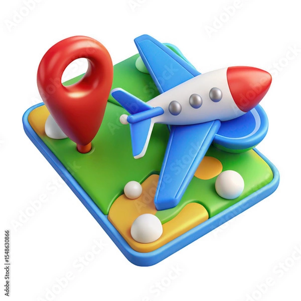 Fototapeta 3d airplane and location pin on map isolated on transparent background