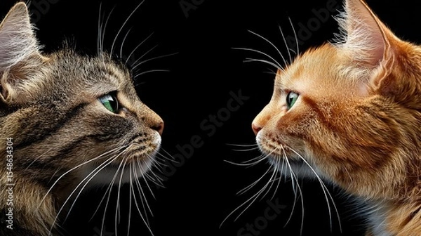 Obraz Feline Face-Off: A captivating portrait of two cats, a tabby and a ginger, facing each other against a stark black background, their eyes meeting in a silent yet intense gaze.