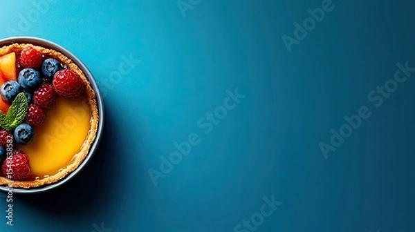 Obraz Delicious Lemon Tart with Fresh Berries on Teal Background