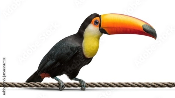 Fototapeta Toucan perched on rope against white