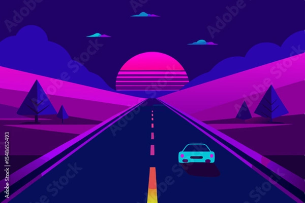 Fototapeta Neon Highway: A vibrant illustration of a car journey on a highway bathed in neon colors, with a retro aesthetic. Capturing the essence of a vivid trip under a striking sunset.