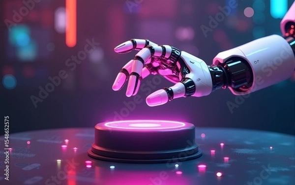 Fototapeta 3d illustration rendering of robot hand with futuristic cyberpunk podium display pedestal, gaming wallpaper scifi background, a esports gamer vs banner sign of neon glow. High quality