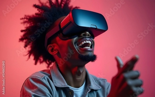 Fototapeta Amazed by metavrse excited young african american man, wearing high tech smart vr goggles. High quality