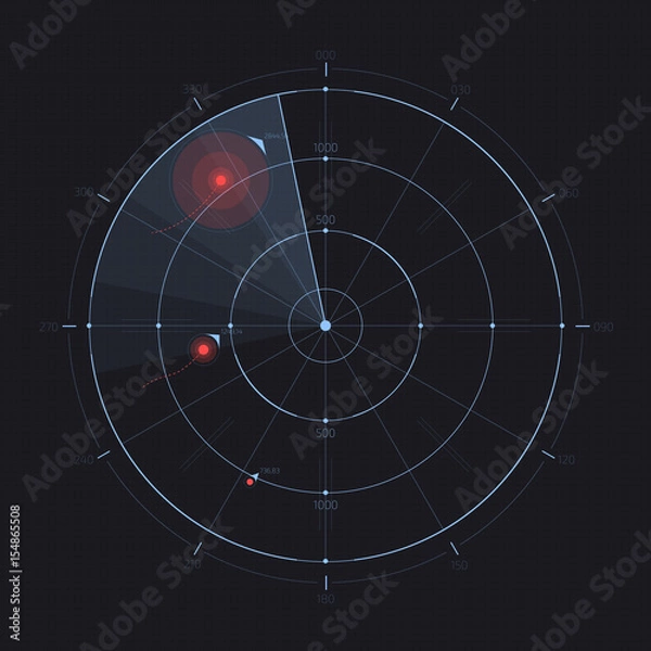 Fototapeta Vector radar screen. Futuristic HUD radar display. Sci-fi design element isolated on background. Military air scan. Submarine navy search. System blip. Vector illustration of navigation interface.