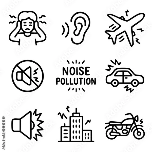 Fototapeta A set of doodle line icons depicting noise pollution sources such as vehicles, loudspeakers, airplanes, and the effects on human hearing