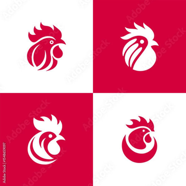 Obraz Four abstract rooster head designs red and white ai generated
