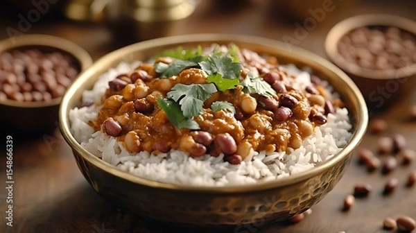 Fototapeta Kidney Bean Curry (Rajma Masala) Over Rice in Golden Bowl, Garnished with Cilantro