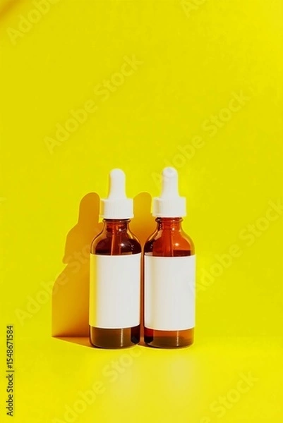 Obraz "Amber Dropper Bottles with Blank Labels on Vibrant Yellow Background for Branding Mockup"